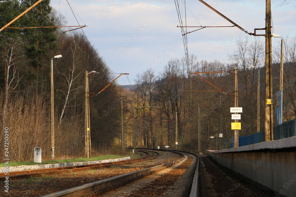 Fototapeta premium Railroad tracks. Railway station, platform in the countryside. A warm, calm, sunny evening in the mountains. The beginning of spring. Waiting for the train. Forest, mountains in the background. 