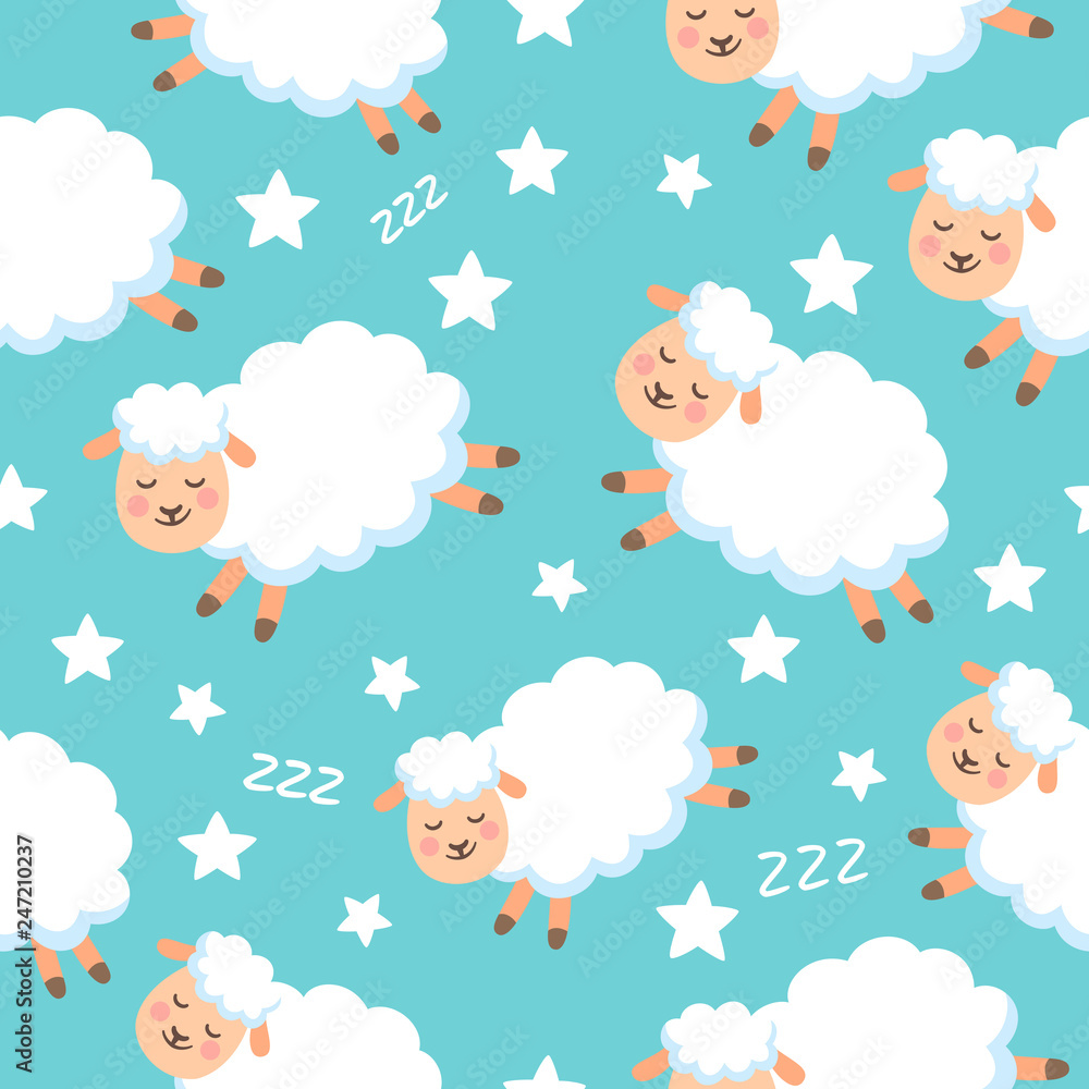 Seamless pattern with sheeps and stars on blue background for kids, cartoon style Seamless pattern with sheeps and stars on blue background for kids, cartoon style