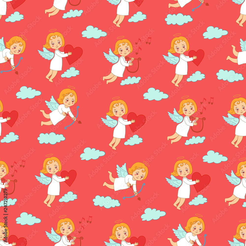 Seamless pattern with cupids carrying bow, arrows, heart on clouds. Set of angels on the pink background. Seamless pattern with cupids carrying bow, arrows, heart on clouds. Set of angels on the pink background.