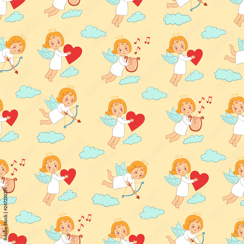 Seamless pattern with cupids carrying bow, arrows, heart on clouds. Set of angels on the beige background. Seamless pattern with cupids carrying bow, arrows, heart on clouds. Set of angels on the beige background.