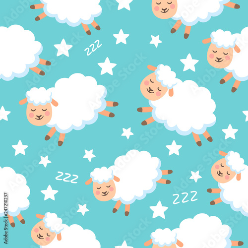 Seamless pattern with sheeps and stars on blue background for kids  cartoon style