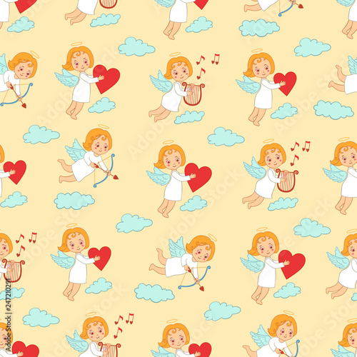 Fototapeta Naklejka Na Ścianę i Meble -  Seamless pattern with cupids carrying bow, arrows, heart on clouds. Set of angels on the beige background.