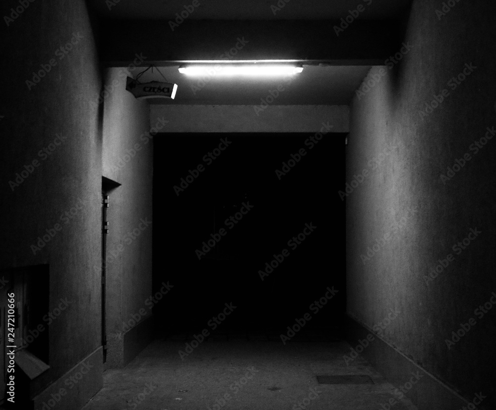 Empty, dark tunnel at night