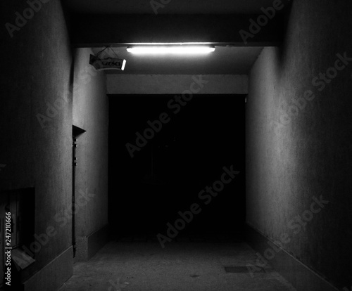 Empty  dark tunnel at night