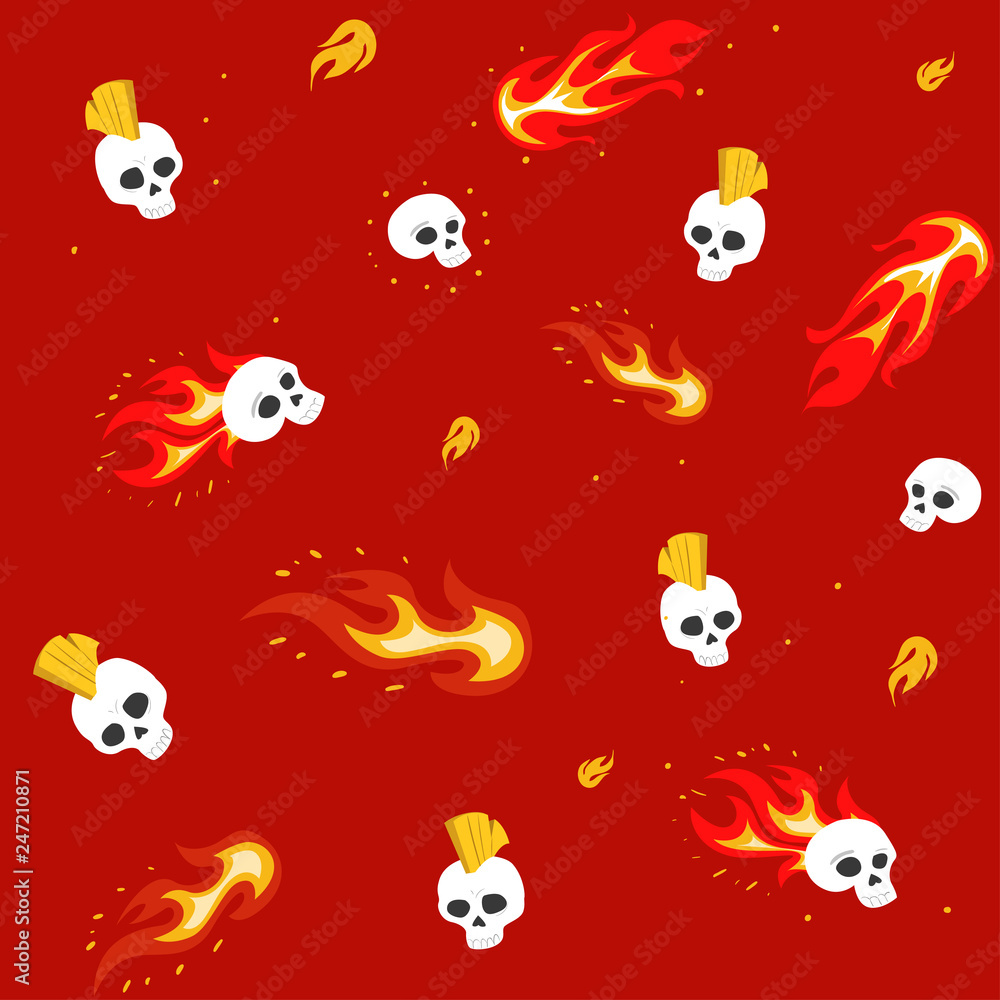Seamless pattern with skulls and flame. Rock music style. Vector illustration Seamless pattern with skulls and flame. Rock music style. Vector illustration