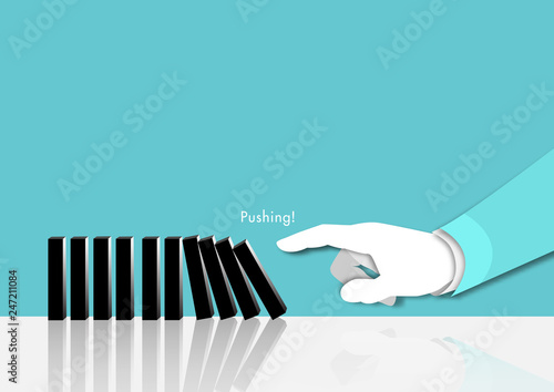 Hand of business man pushing dominoes for start on blue background Planning risk and strategy concept for begin work process, paper art and abstract design vector