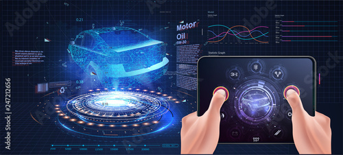 Car service in the style of HUD, infographic ui, analysis and diagnostics in the hud style. An engineer designs an electric car using sophisticated and futuristic programs with holography. Vector