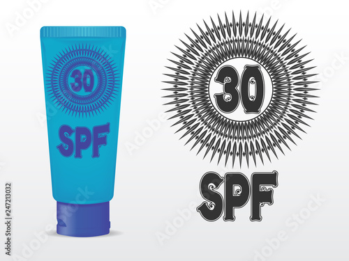 realistic vector template sunscreen in a tube of turquoise color with a blue cap. SPF 30 sign in the pattern. isolated on white background