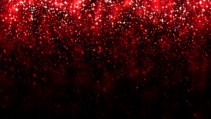 Red background with falling glitter particles. Beautiful festive sparkling background. Falling shiny particle bokeh with magic light. Valentines day