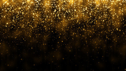 Background with falling golden glitter particles. Falling gold confetti with magic light. Beautiful light background