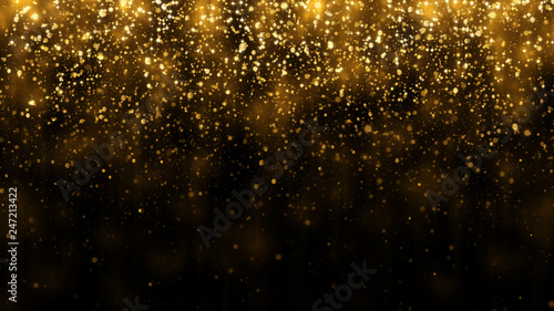 Background with falling golden glitter particles. Falling gold confetti with magic light. Beautiful light background