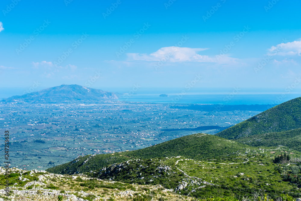 Greece, Zakynthos, Wide view over green mountains and valleys of zante island