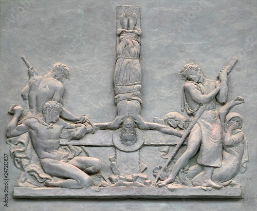 Canvas Print Bronze door with the image of the life of St