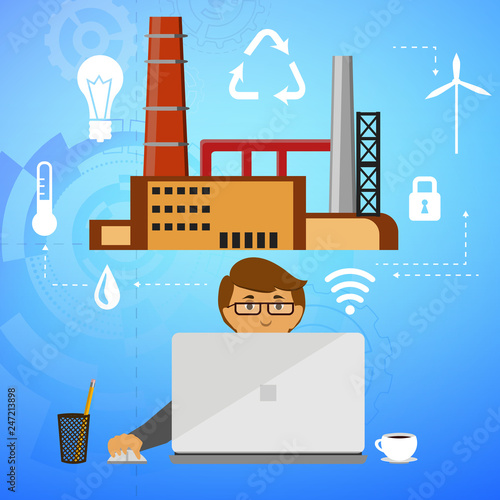 Eco friendly factory on a digital touch screen tablet