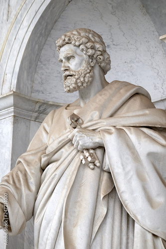 Saint Peter statue in front of the basilica of Saint Paul Outside the Walls, Rome, Italy