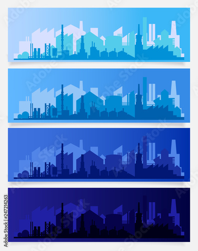 Vector horizontal banners with industrial part of city. Factories, refineries and power plants