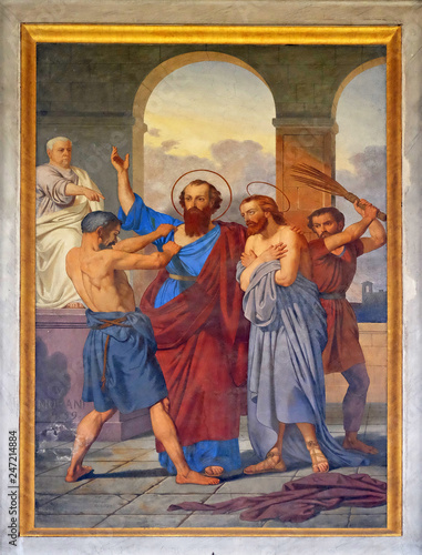 The fresco with the image of the life of St. Paul: Paul and Silas are Whipped in Philippi, basilica of Saint Paul Outside the Walls, Rome, Italy
