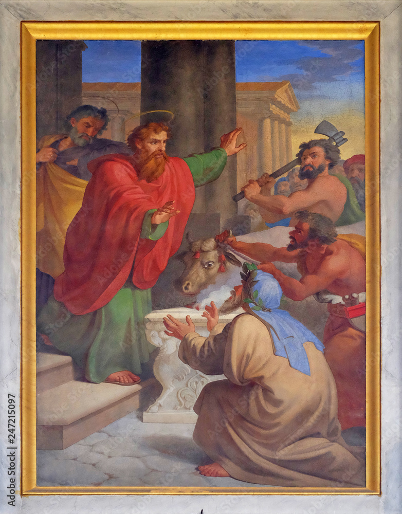 The fresco with the image of the life of St. Paul: Paul and Barnabas Taken for Gods, basilica of Saint Paul Outside the Walls, Rome, Italy