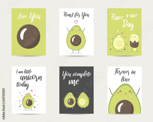 Cute hand drawn doodle cards, brochures, invitations with avocado
