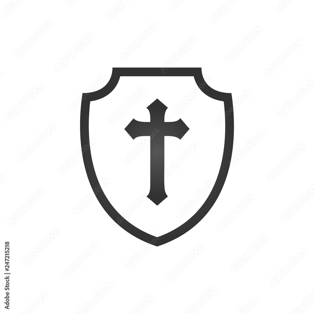 Fototapeta premium Christian cross and shield of faith. Christian church vector logo. Missionary icon. Religious symbol. Protection, safety, security sign.