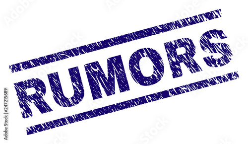 RUMORS seal print with distress style. Blue vector rubber print of RUMORS text with dirty texture. Text title is placed between parallel lines.