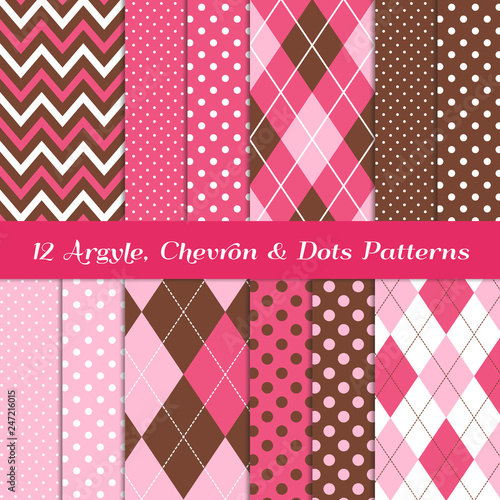 Deep Pink, Pink, Brown and White Chevron, Argyle and Polka Dot Vector Patterns. Girly Sock Monkey Style Backgrounds. Repeating Pattern Tile Swatches Included.