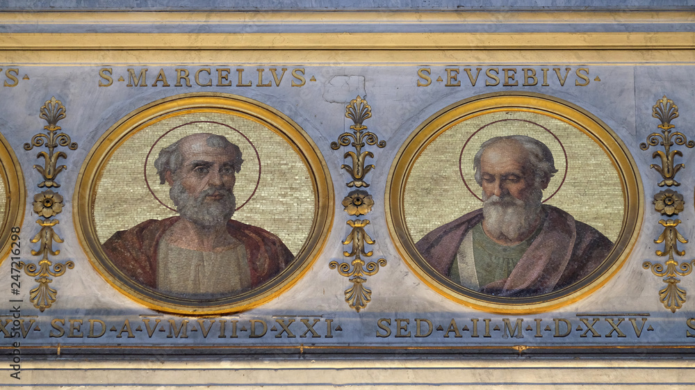 The icon on the dome with the image of Pope Marcellus and Eusebius, the basilica of Saint Paul Outside the Walls, Rome, Italy