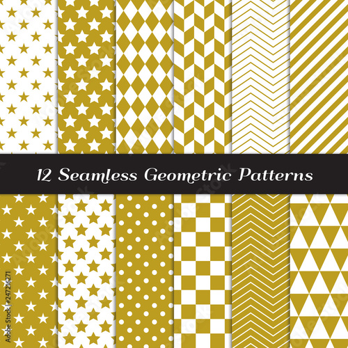 Gold White Geometric Vector Patterns. Elegant Neutral Color Mod Backgrounds in Diamond, Chevron, Polka Dot, Checkerboard, Stars, Triangles, Herringbone and Stripes. Pattern Tile Swatches Included.