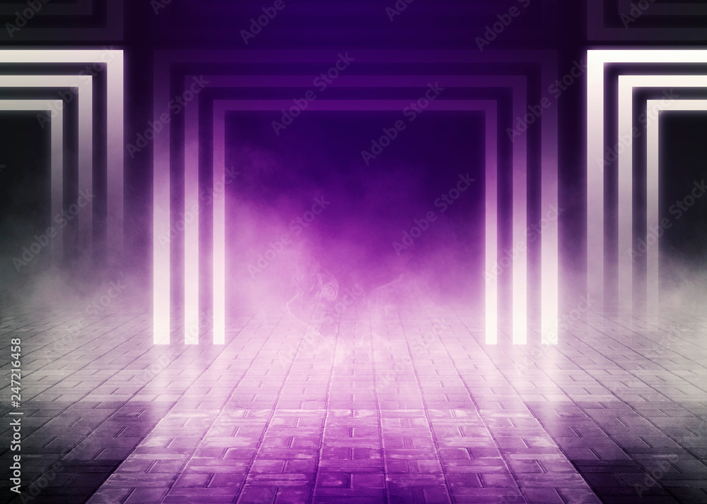 Background of empty room, street. Concrete floor, paving slabs. Neon purple light, smoke, smog Background of empty room, street. Concrete floor, paving slabs. Neon purple light, smoke, smog