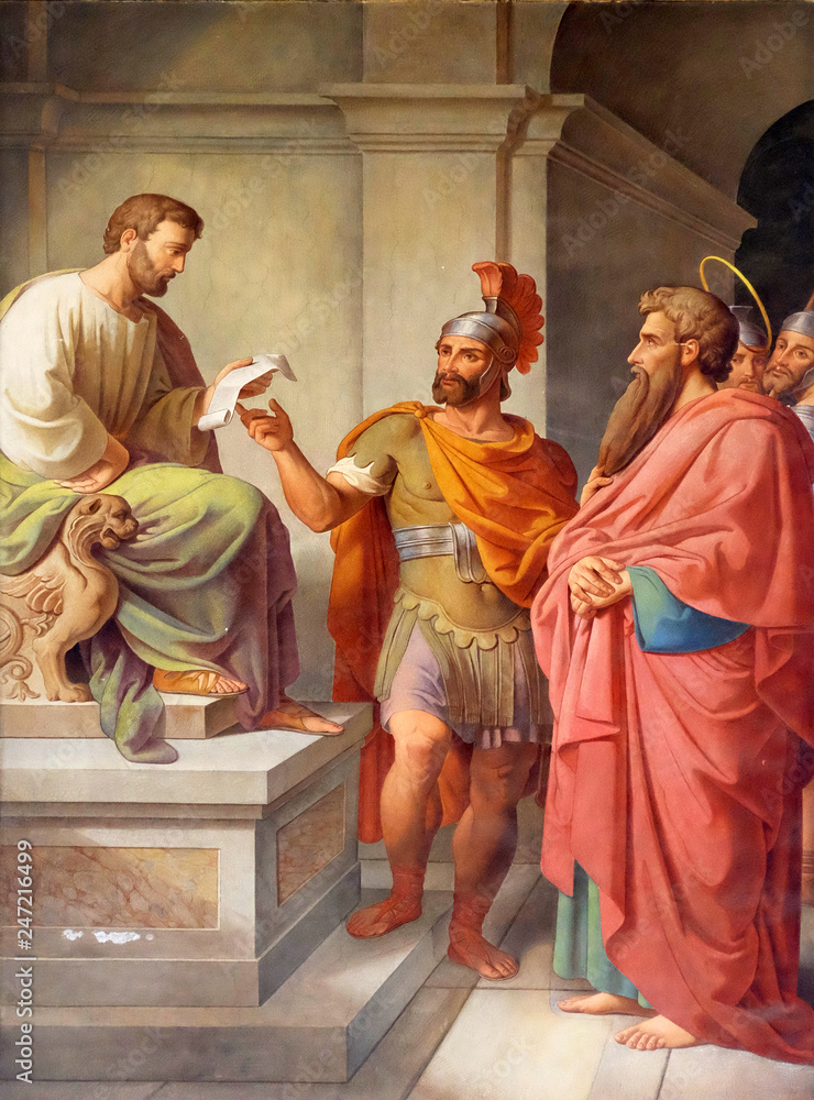 The fresco with the image of the life of St. Paul: Paul Before Publius in Malta, basilica of Saint Paul Outside the Walls, Rome, Italy The fresco with the image of the life of St. Paul: Paul Before Publius in Malta, basilica of Saint Paul Outside the Walls, Rome, Italy