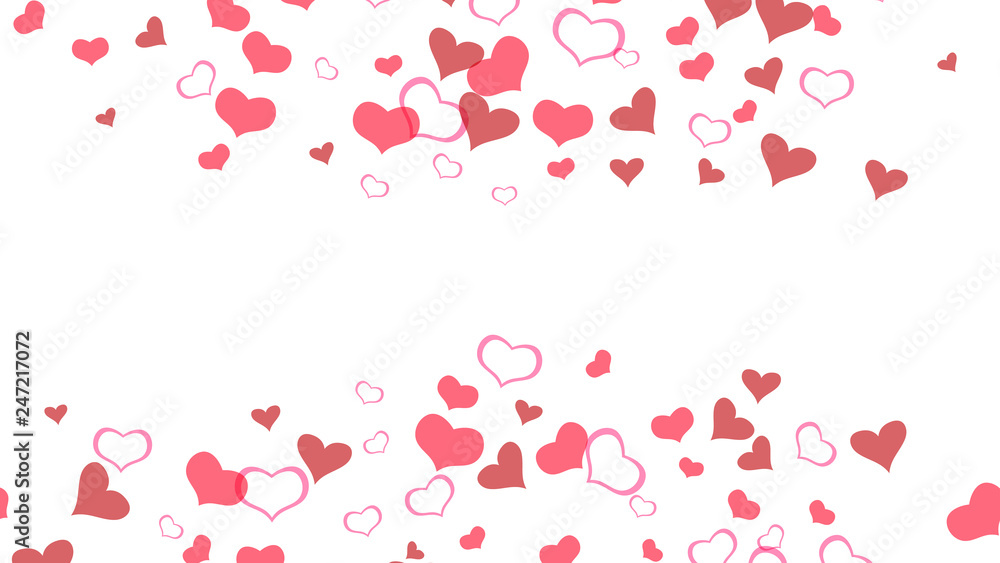 Design element for wallpaper, textiles, packaging, printing, holiday invitation for Valentine's Day. Red on White background Vector. Red hearts of confetti are flying. Romantic background.