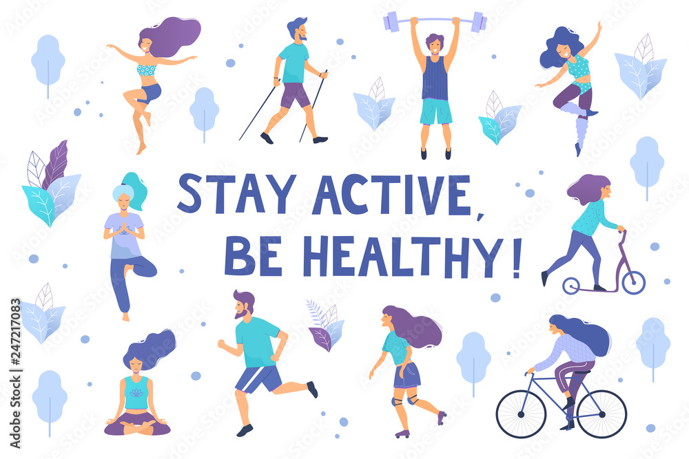 Healthy lifestyle. Different physical activities: running, roller skates, dancing,  yoga, fitness, scooter, nordic walking. Flat vector illustration.