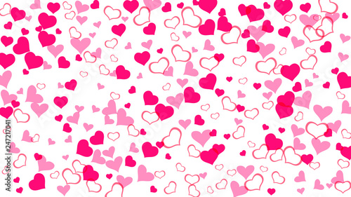 Part of the design of wallpaper, textiles, packaging, printing, holiday invitation for Valentine's Day. Spring background. Red hearts of confetti crumbled. Red on White fond Vector.