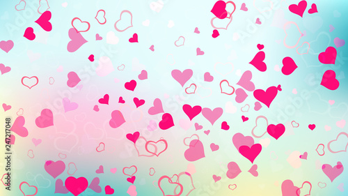 Red on Gradient fond Vector. Festive background. A sample of wallpaper design, textiles, packaging, printing, holiday invitation for Valentine's Day. Red hearts of confetti are falling.