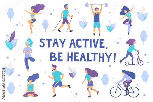 Healthy lifestyle. Different physical activities: running, roller skates, dancing, yoga, fitness, scooter, nordic walking. Flat vector illustration.