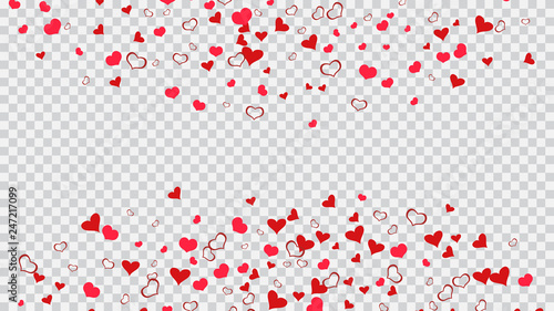 Red on Transparent fond Vector. A sample of wallpaper design, textiles, packaging, printing, holiday invitation for wedding. Red hearts of confetti are flying. Festive background.