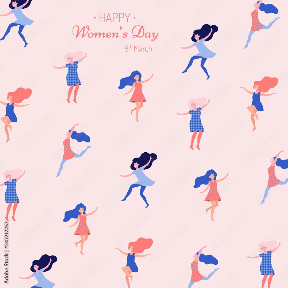 Happy women's day vector illustration. Beautiful dancing women.