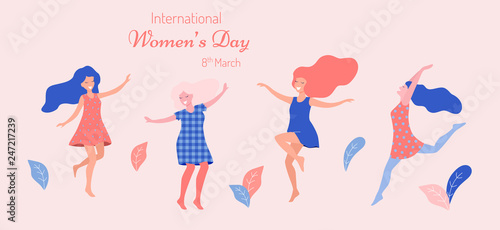 International women s day vector illustration. Beautiful dancing women.