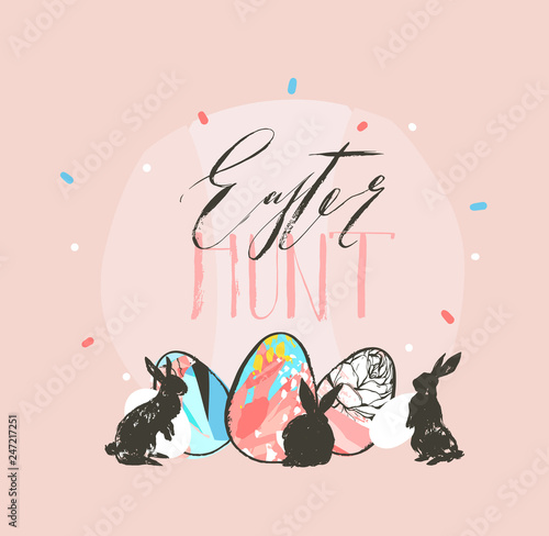 Hand drawn vector abstract graphic rustic textured collage Happy Easter cute greeting card template and bunny sketch,Easter eggs illustration and Easter Hunt calligraphy isolated on pastel background