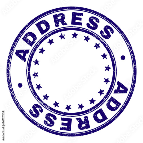ADDRESS stamp seal imprint with grunge texture. Designed with circles and stars. Blue vector rubber print of ADDRESS text with dirty texture.