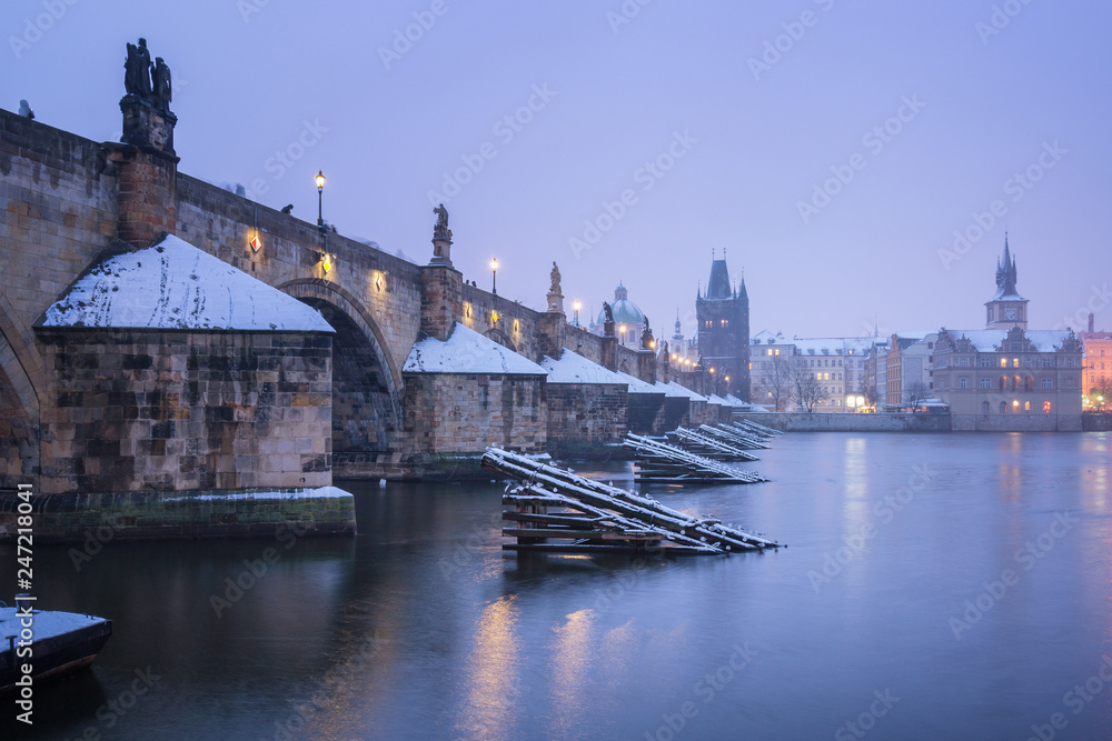 Prague in Winter, View of the Charles Bridge at Night