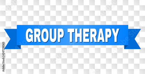 GROUP THERAPY text on a ribbon. Designed with white caption and blue stripe. Vector banner with GROUP THERAPY tag on a transparent background.