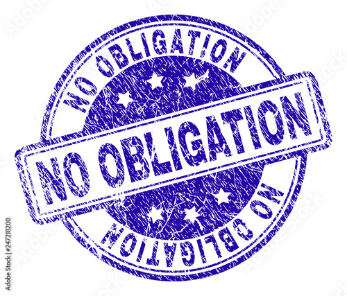 NO OBLIGATION stamp seal watermark with grunge texture. Designed with rounded rectangles and circles. Blue vector rubber print of NO OBLIGATION label with retro texture.