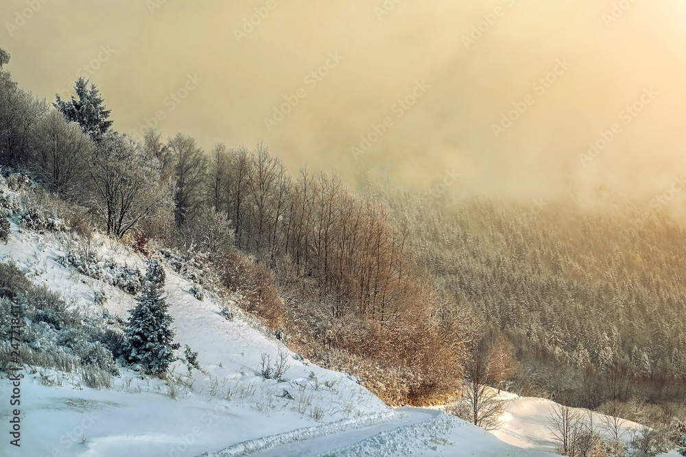 Nice mountains view in snowy sunny day under blue sky with sun Nice mountains view in snowy sunny day under blue sky with sun