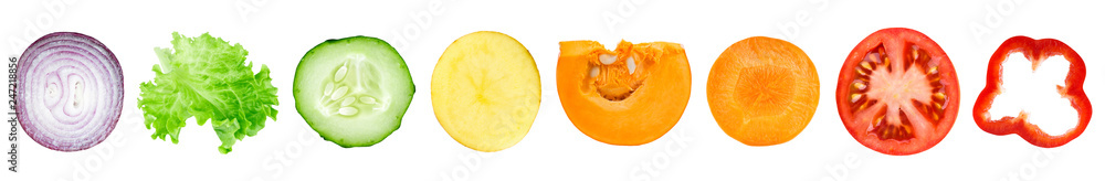 Collection of vegetable slices isolated on white Collection of vegetable slices isolated on white