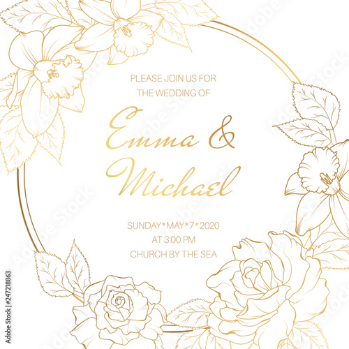 Floral wreath round frame rose peony narcissus daffodil spring flowers. Beautiful wedding invitation card.