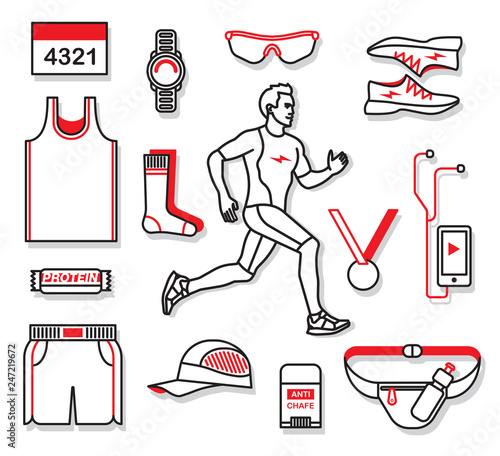 Clothing and accessories for running. Vector illustration set.