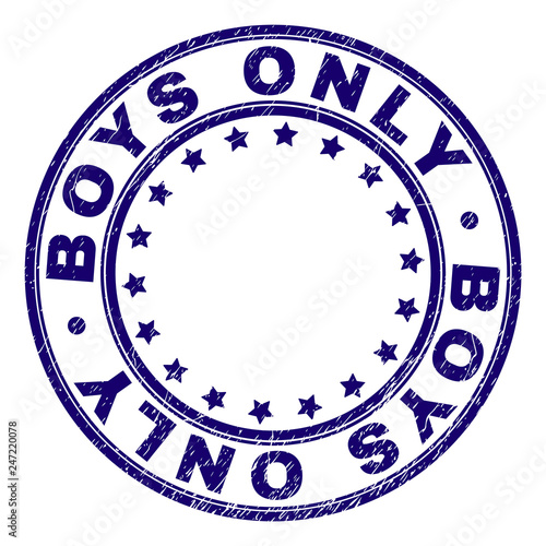 BOYS ONLY stamp seal imprint with grunge texture. Designed with round shapes and stars. Blue vector rubber print of BOYS ONLY tag with dust texture.