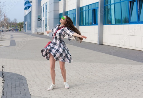  Girl, checkered dress, sunglasses, red handbag, sneakers, fun, street