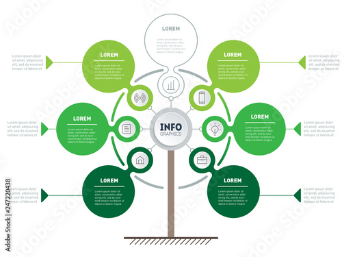 Vertical eco Business presentation concept with 6 or 7 options. Web Template of abstract tree, info chart or diagram. Vector infographic of technology or education process with 6 or 7 points.